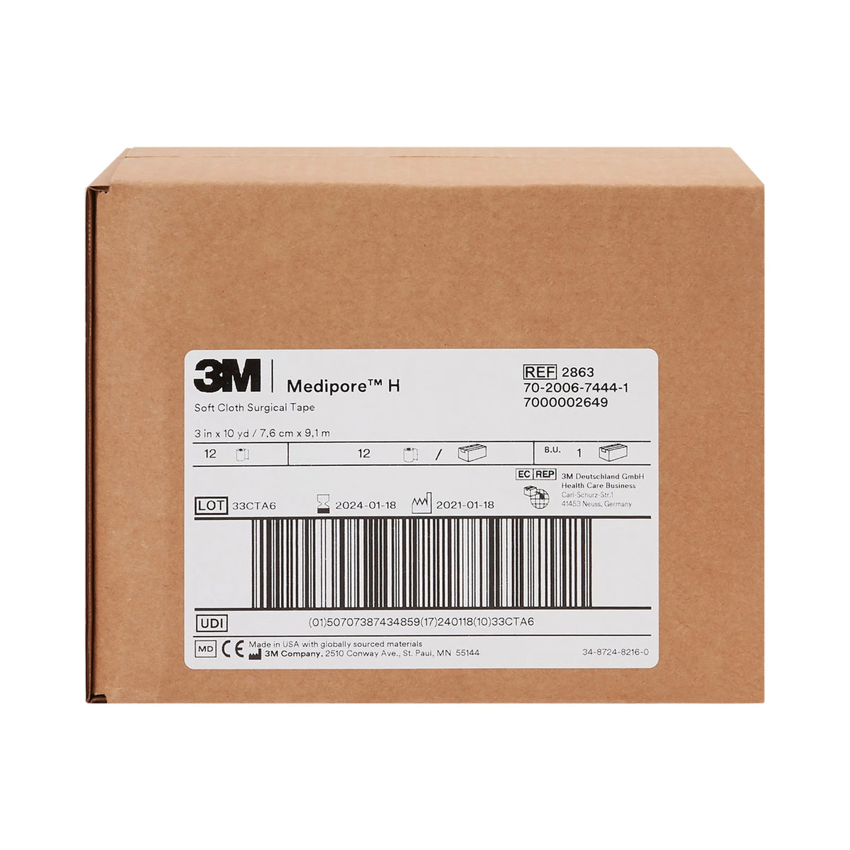 Cardboard box with 3M Medipore H tape label on a white background