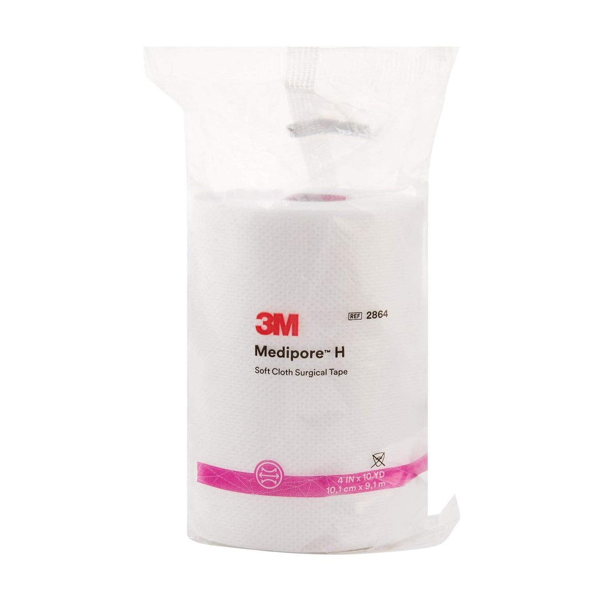 A package of 3M Medipore H soft clean surgical tape rolls, shown in a clear plastic bag with white tape visible inside and a pink and red 3M logo on the front.