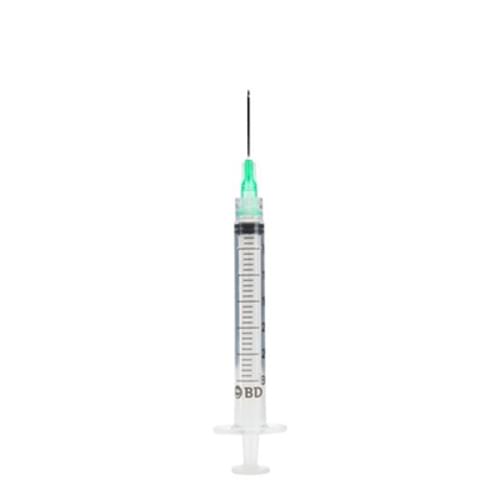 A single BD brand medical syringe with a clear plastic barrel, black measurement markings, a green needle collar, and a black needle, shown against a plain white background.