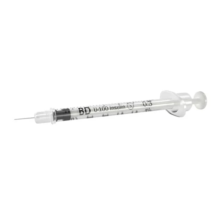 A 0.3 ml BD U-100 Insulin syringe with a clear plastic barrel, black plunger, and metal needle, shown on a plain white background.