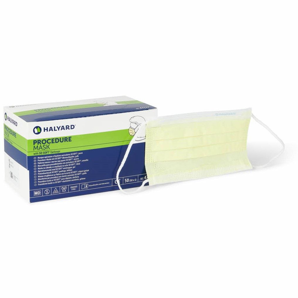 A box of Halyard Procedure Masks next to a single pale yellow-green pleated face mask with white ear loops, shown on a clean white background.