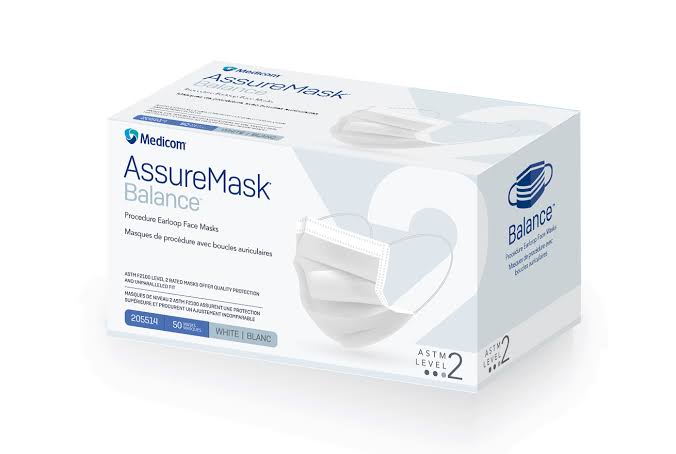 Box of Medicom AssureMask Balance face masks on a white background