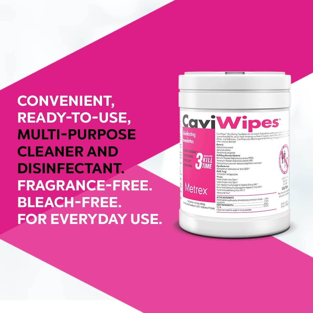 CaviWipes container with product features on a pink and white background