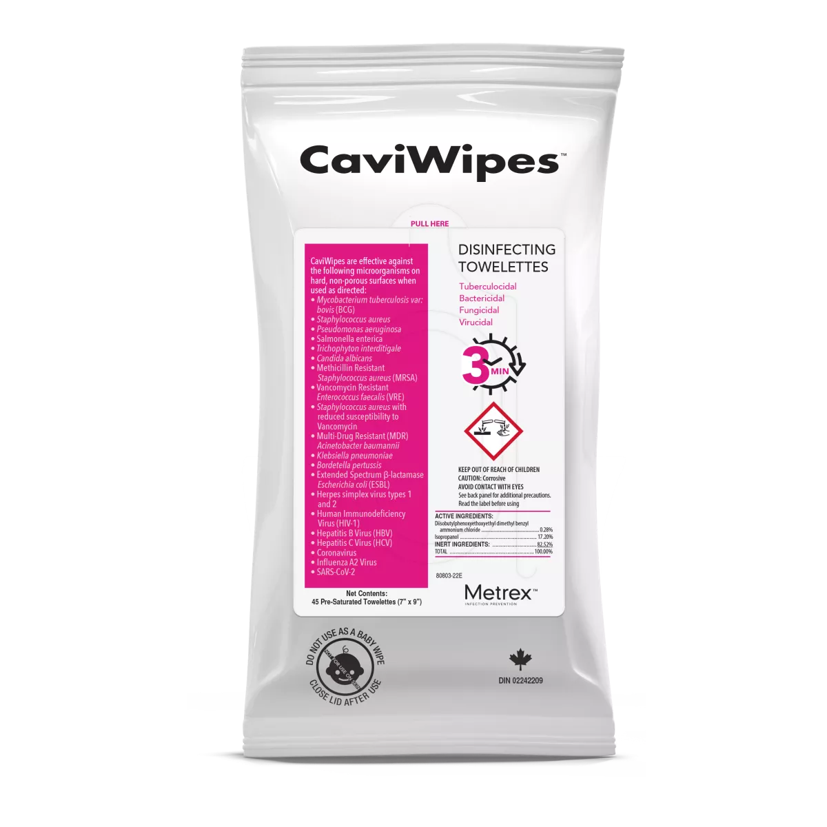 A white stand-up pouch of CaviWipes disinfecting towelettes with a prominent pink informational panel on the front, photographed on a clean white background.