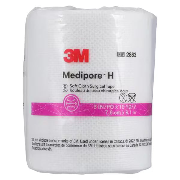A roll of 3M Medipore H soft cloth surgical tape, packaged in a clear plastic wrap with a white label featuring a red 3M logo and a pink horizontal band.