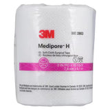 A roll of 3M Medipore H soft cloth surgical tape, packaged in a clear plastic wrap with a white label featuring a red 3M logo and a pink horizontal band.