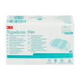 A box of 3M Tegaderm Film transparent dressing frame style adhesive, model 1622W, containing 100 pieces. The packaging is white with blue and red text and graphics, featuring a depiction of the transparent film on the front.