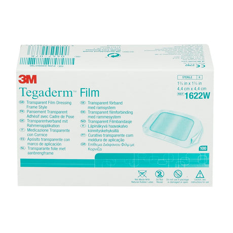 A box of 3M Tegaderm Film transparent dressing frame style adhesive, model 1622W, containing 100 pieces. The packaging is white with blue and red text and graphics, featuring a depiction of the transparent film on the front.