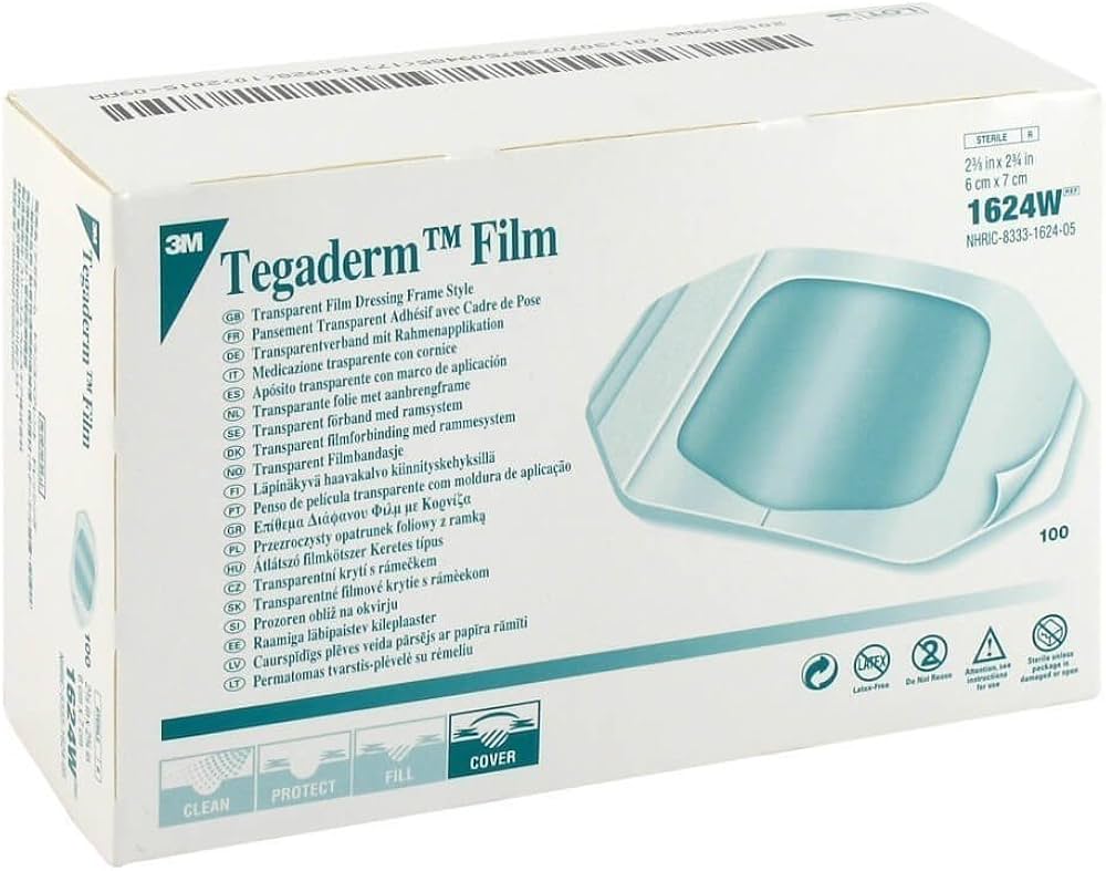 A box of 3M Tegaderm Film 1624W transparent film dressing frame style, shown on a plain white background. The packaging is white with teal text and graphics.