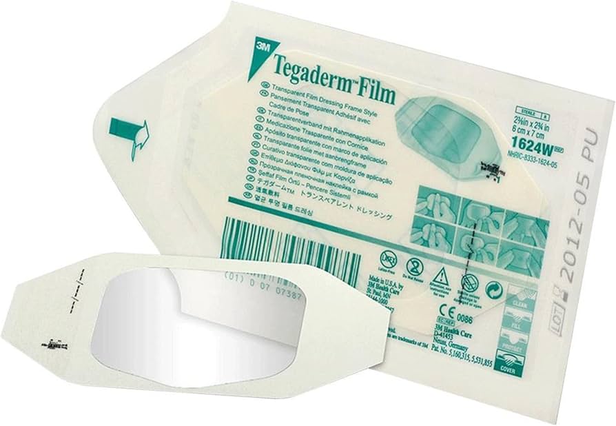 Tegaderm Film transparent film covering frame style packaging with a sample of the clear oval-shaped film shown in front on a white background.