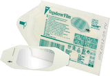 Tegaderm Film transparent film covering frame style packaging with a sample of the clear oval-shaped film shown in front on a white background.