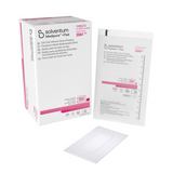 Solventum Medipore +Pad 3564 soft cloth adhesive pad packaging shown with one sealed pad standing upright, its retail box beside it, and a single flat square pad on a clean white background.
