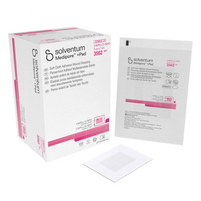 Solventum Medipore +Pad 3562 soft cloth adhesive wound dressing packaging shown with a white outer box, a single sealed pouch, and a square white dressing pad on a clean white background.
