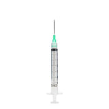 A single BD brand medical syringe with a clear plastic barrel, black measurement markings, a green needle collar, and a black needle, shown against a plain white background.
