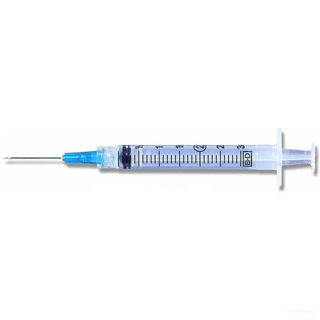 A medical syringe with a clear plastic barrel, blue plunger, and metal needle, shown horizontally against a plain white background.