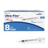 Box of Ultra-Fine insulin syringes with a syringe on a white background
