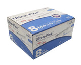 Box of Ultra-Fine insulin syringes with blue and white design