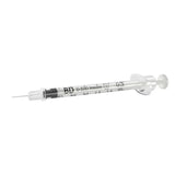 A 0.3 ml BD U-100 Insulin syringe with a clear plastic barrel, black plunger, and metal needle, shown on a plain white background.
