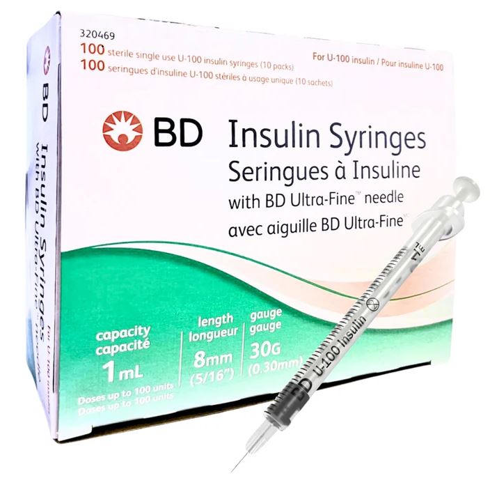 BD Insulin Syringes packaging with a syringe illustration on a white background