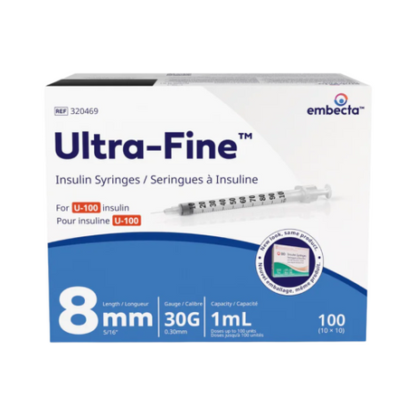 A box of Embecta Ultra-Fine 8mm insulin syringes, 30G, 1mL, containing 100 needles (10 x 10 sets), shown on a clean white background.