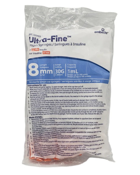 Package of Ultra-Fine insulin syringes with specifications on a white background