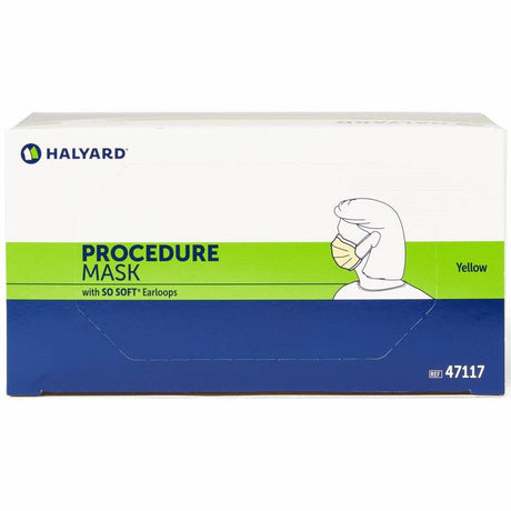 A box of Halyard Procedure Mask, Yellow, containing 50 soft earloops. The packaging is white with a bright green horizontal band and a dark blue lower section, featuring a line drawing of a person wearing a mask.
