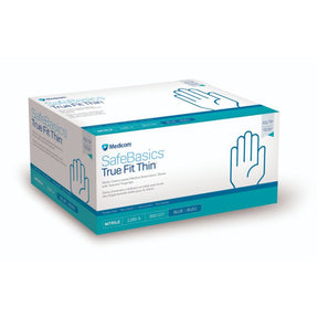 A box of Medcom SafeBasics True Fit Thin nitrile gloves in blue, shown on a clean white background.