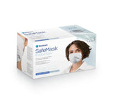 A box of Medicom SafeMask FreeFlow Level 3 respirator masks, featuring white packaging with blue text and a photo of a woman wearing a white face mask.