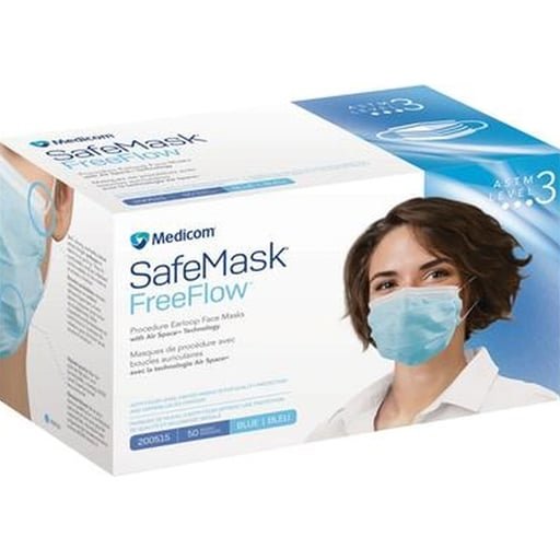 Box of Medicom SafeMask FreeFlow face masks with a person wearing a mask on a white background