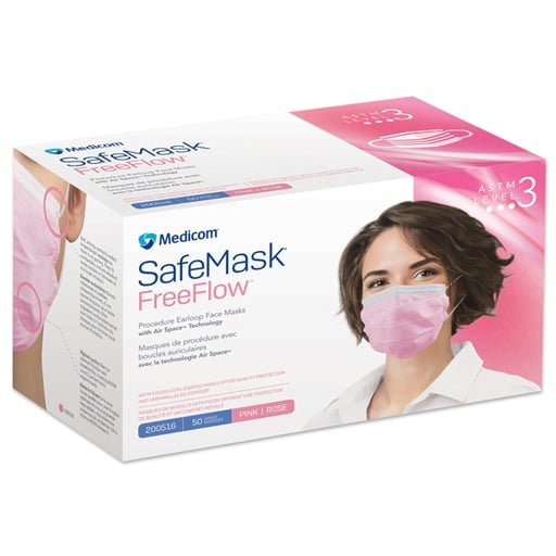Box of Medicom SafeMask FreeFlow face masks with a woman wearing a mask on the packaging.