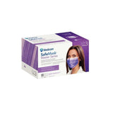 A box of Medicom SafeMask Master Series Level 3 masks, featuring a white and purple design with a photo of a woman wearing the mask on the front.