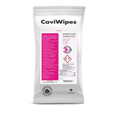 A white stand-up pouch of CaviWipes disinfecting towelettes with a prominent pink informational panel on the front, photographed on a clean white background.