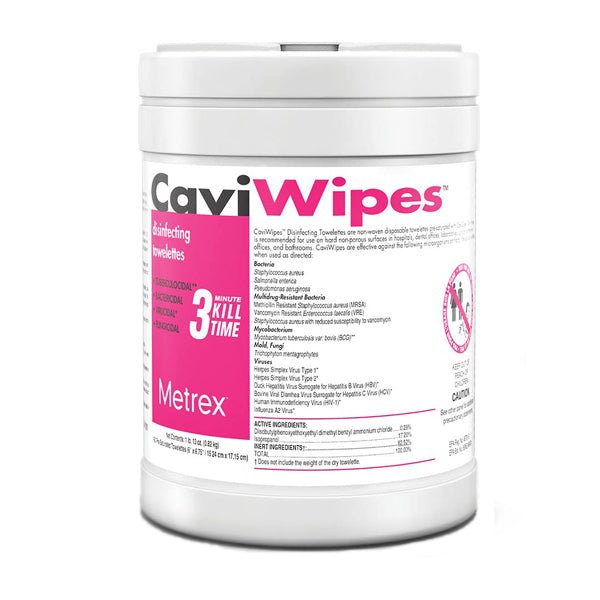 CaviWipes container with pink label on a white background
