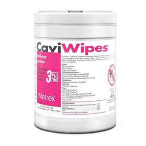 CaviWipes container with pink label on a white background