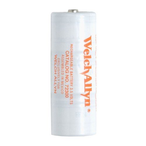 White rechargeable battery with orange text on a white background
