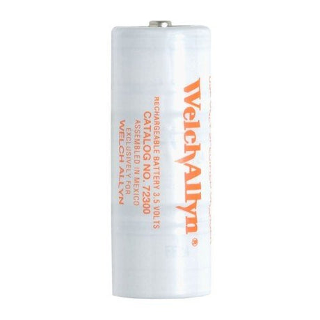 White rechargeable battery with orange text on a white background