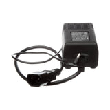 Black power adapter with a plug on a white background