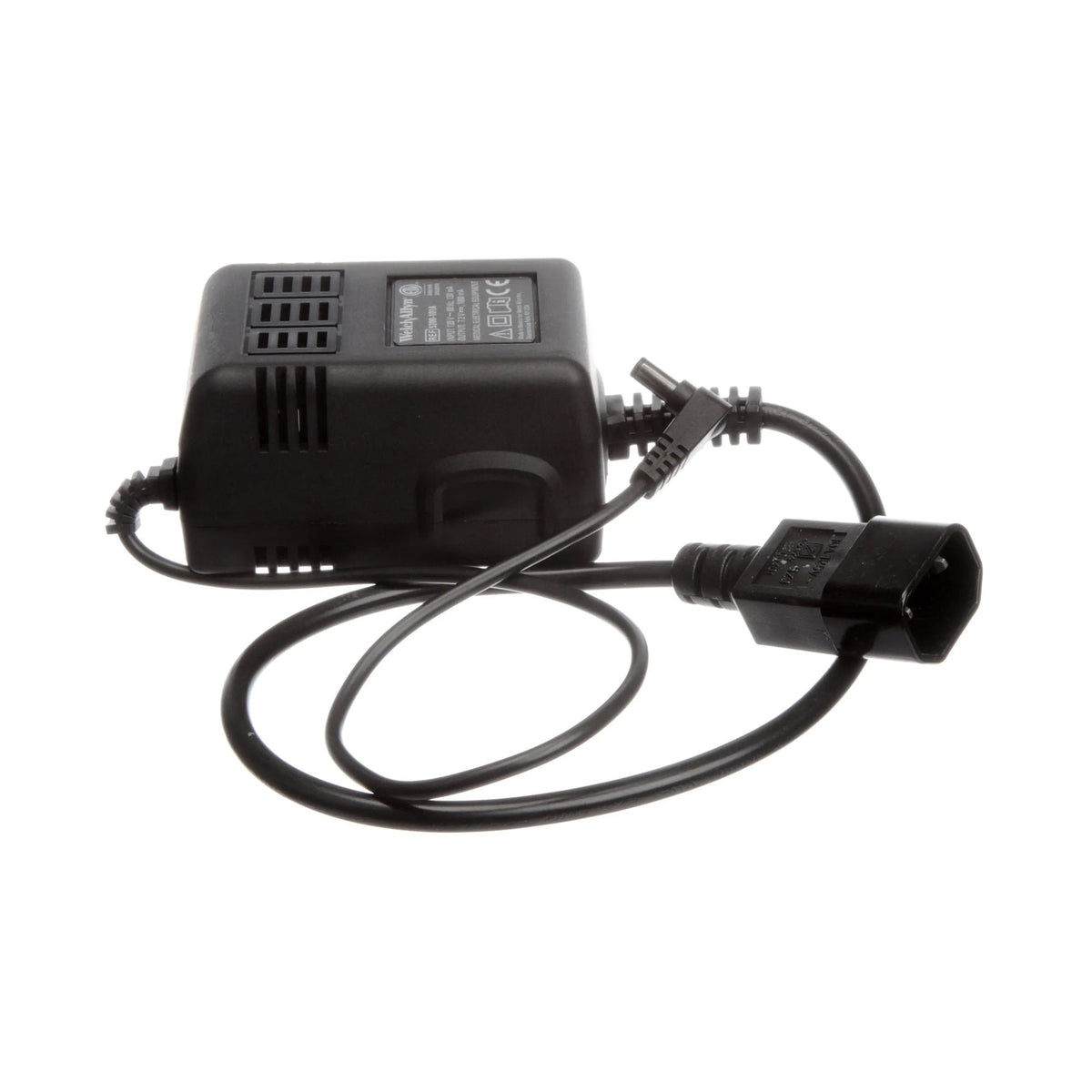 Black electronic device with cable on a white background